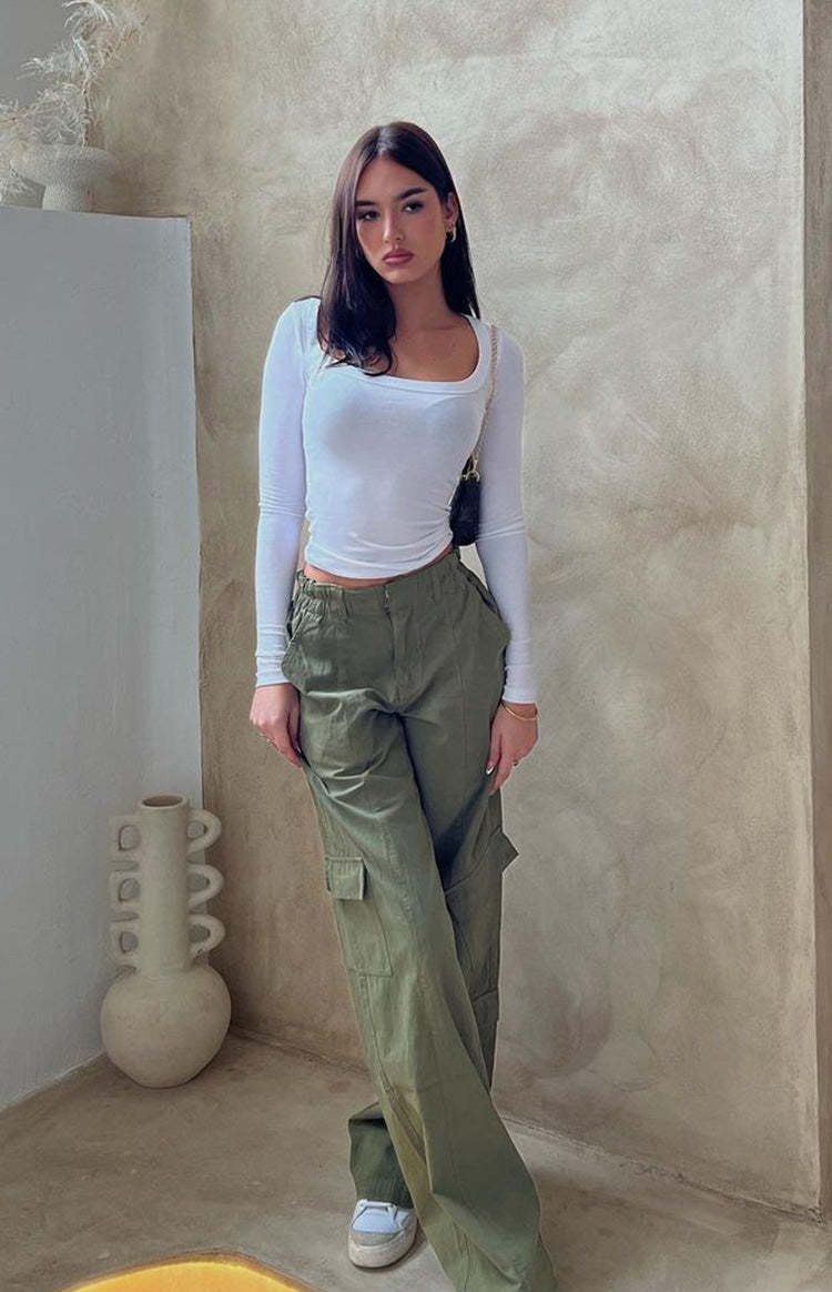 Millie Khaki Low Rise Cargo Trousers-Vavasi.All Rights Reserved.