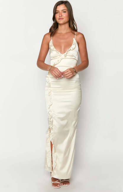 Nahanee Cream Satin Ruffle Maxi Dress-Vavasi.All Rights Reserved.