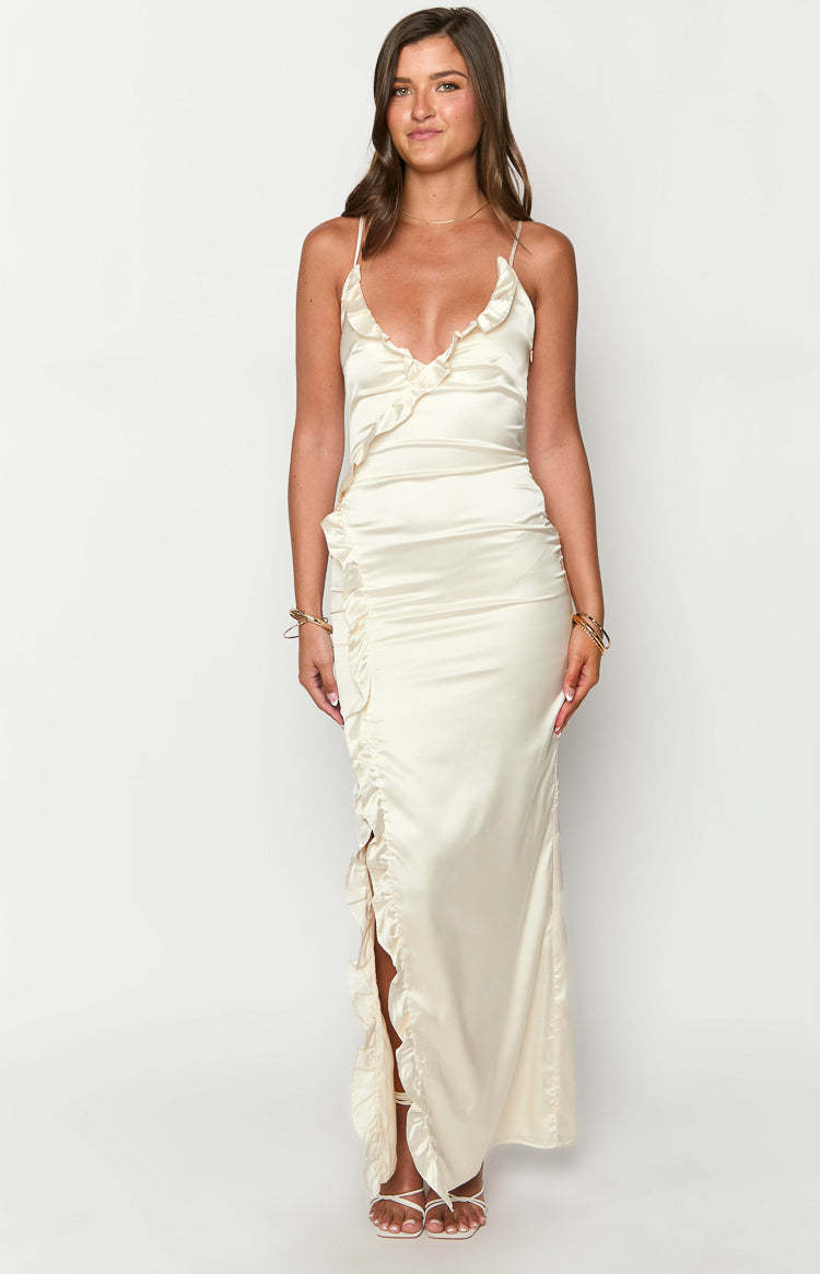 Nahanee Cream Satin Ruffle Maxi Dress-Vavasi.All Rights Reserved.