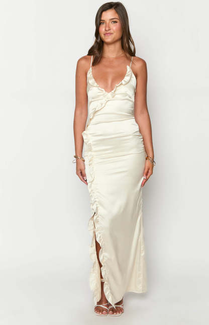 Nahanee Cream Satin Ruffle Maxi Dress-Vavasi.All Rights Reserved.