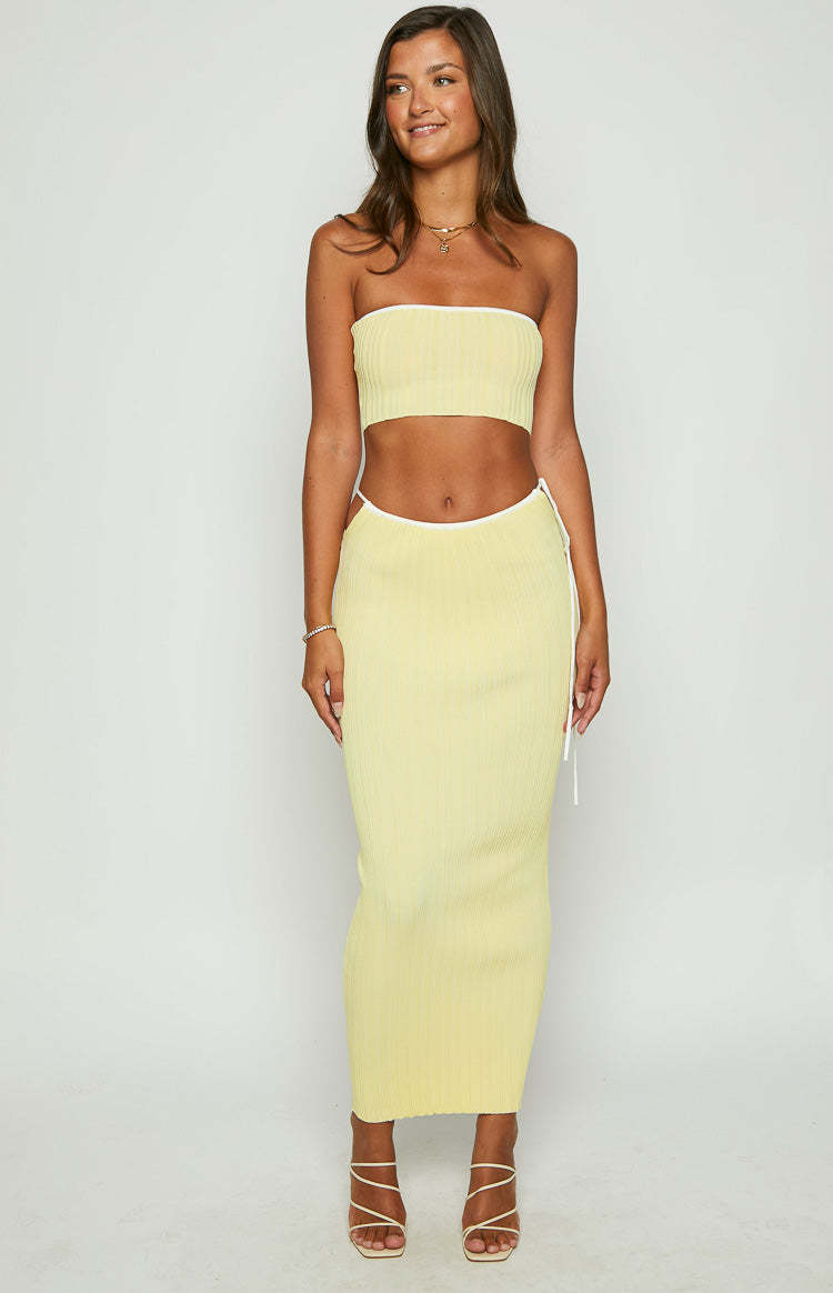 Pia Yellow Contrast Bind Knit Midi Skirt-Vavasi.All Rights Reserved.