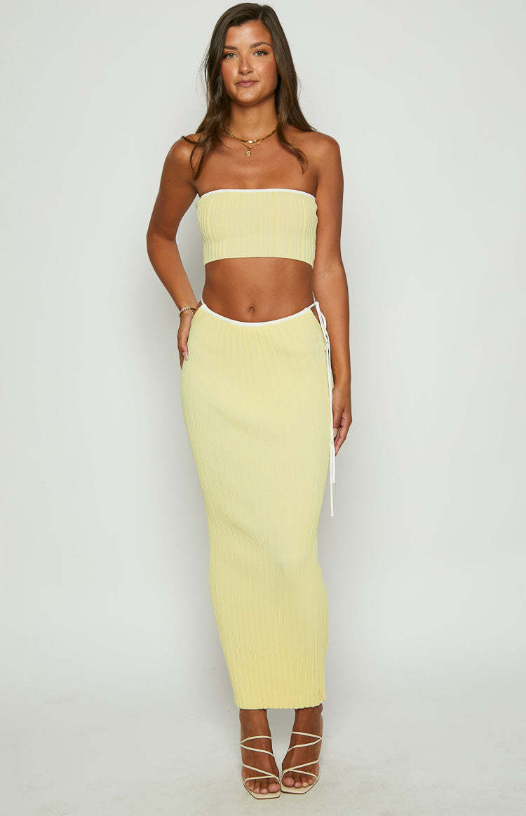Pia Yellow Contrast Bind Knit Midi Skirt-Vavasi.All Rights Reserved.
