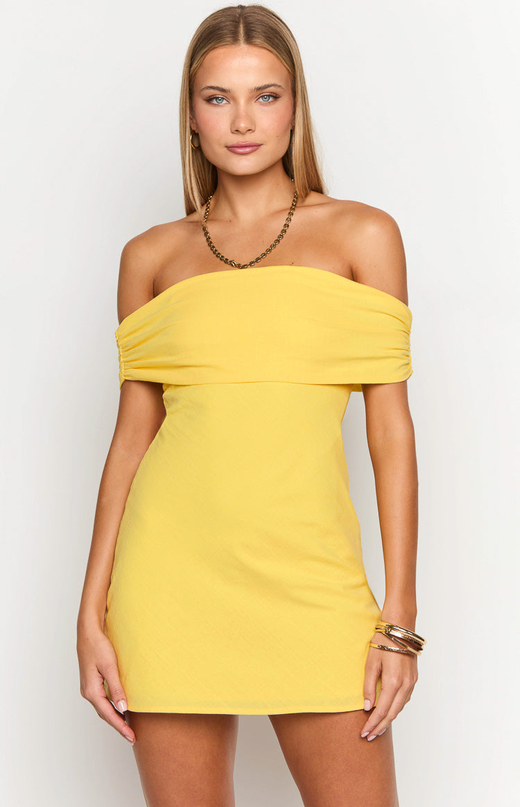 Primrose Yellow Off the Shoulder Mini Dress-Vavasi.All Rights Reserved.