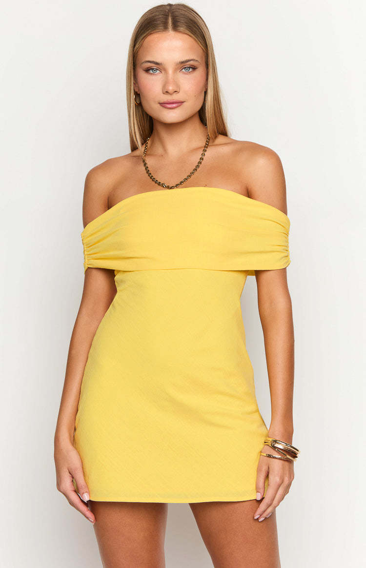 Primrose Yellow Off the Shoulder Mini Dress-Vavasi.All Rights Reserved.