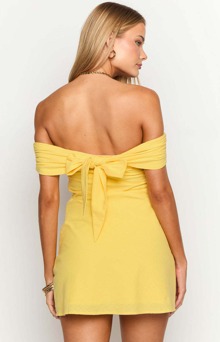 Primrose Yellow Off the Shoulder Mini Dress-Vavasi.All Rights Reserved.
