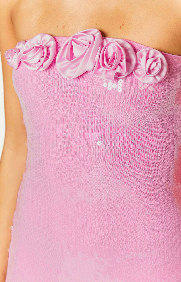 Quinn Pink Sequin Rose Mini Dress-Vavasi.All Rights Reserved.