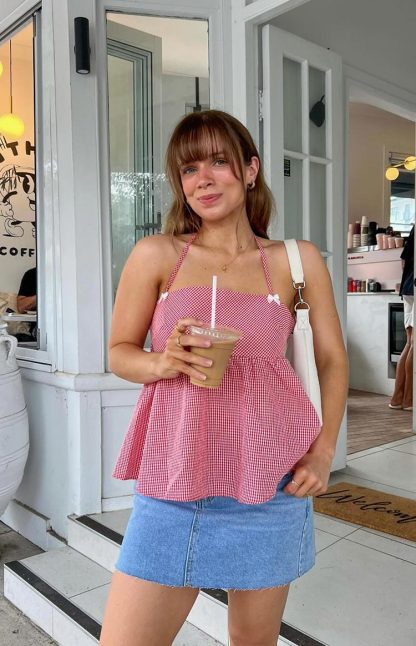 Aspen Red Gingham Halter Top-Vavasi.All Rights Reserved.