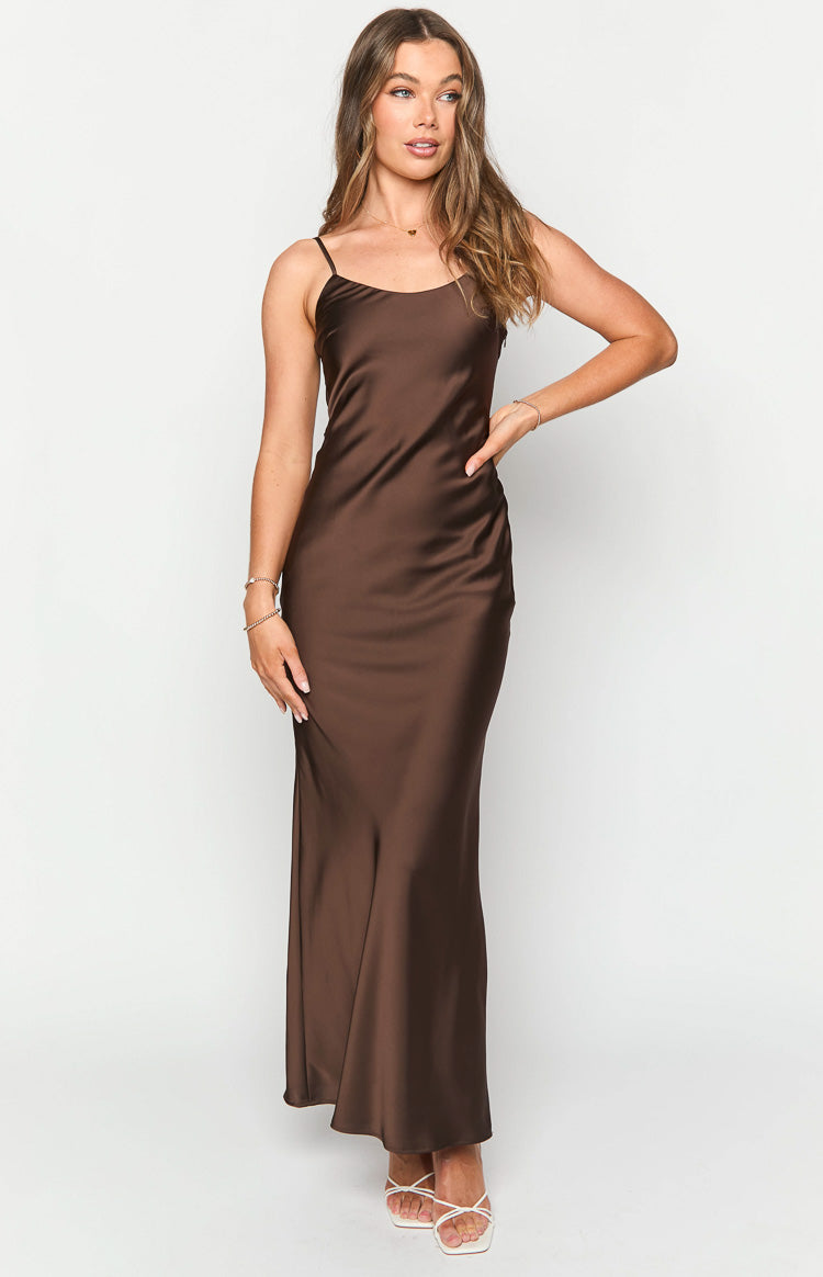 Renesmee Brown Satin Maxi Dress-Vavasi.All Rights Reserved.