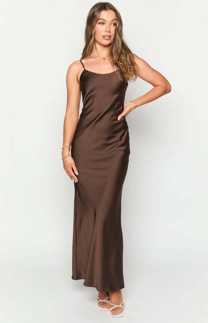 Renesmee Brown Satin Maxi Dress-Vavasi.All Rights Reserved.