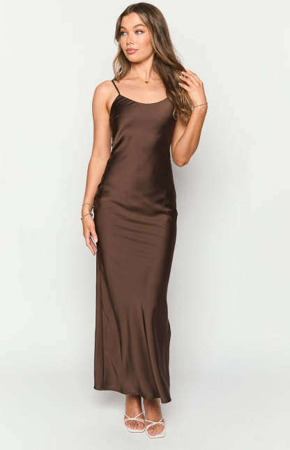 Renesmee Brown Satin Maxi Dress-Vavasi.All Rights Reserved.