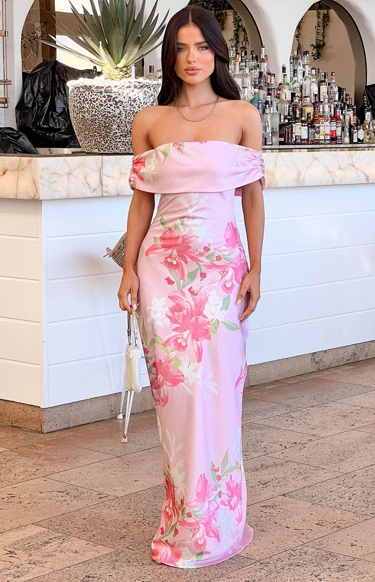 Seraphina Pink Floral Print Off The Shoulder Maxi Dress-Vavasi.All Rights Reserved.
