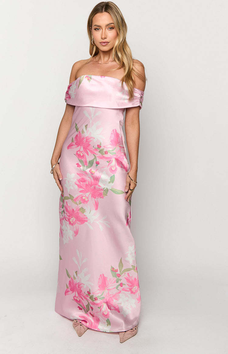 Seraphina Pink Floral Print Off The Shoulder Maxi Dress-Vavasi.All Rights Reserved.