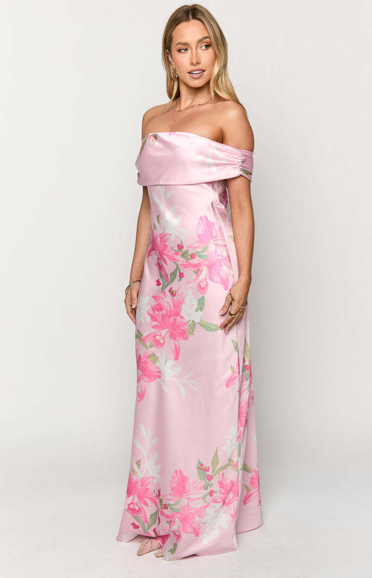 Seraphina Pink Floral Print Off The Shoulder Maxi Dress-Vavasi.All Rights Reserved.