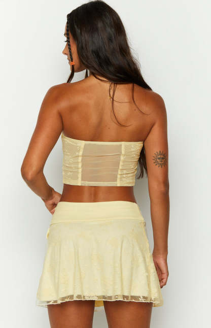Stay Yellow Strapless Mesh Corset Top-Vavasi.All Rights Reserved.