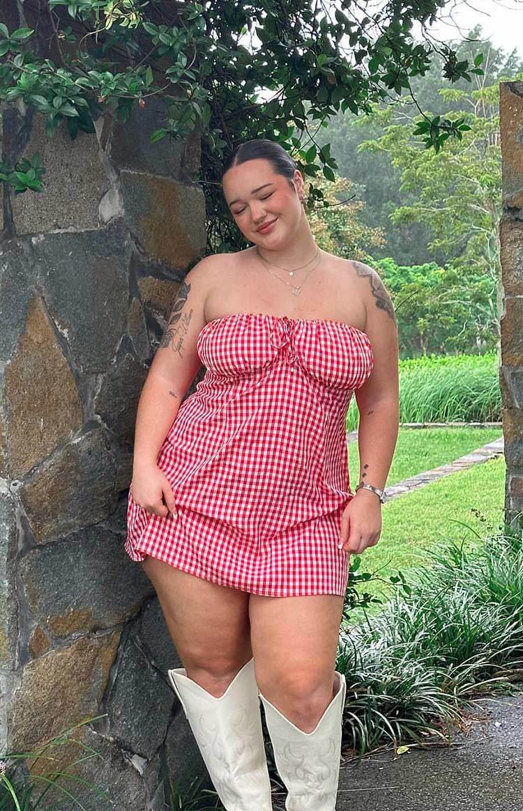 Faith Red Gingham Strapless Mini Dress-Vavasi.All Rights Reserved.