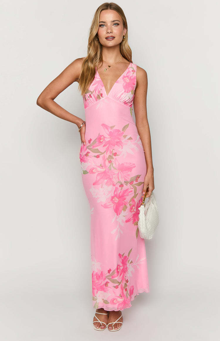 Sunflower Pink Floral Mesh Maxi Dress-Vavasi.All Rights Reserved.