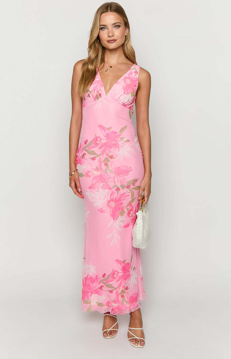 Sunflower Pink Floral Mesh Maxi Dress-Vavasi.All Rights Reserved.