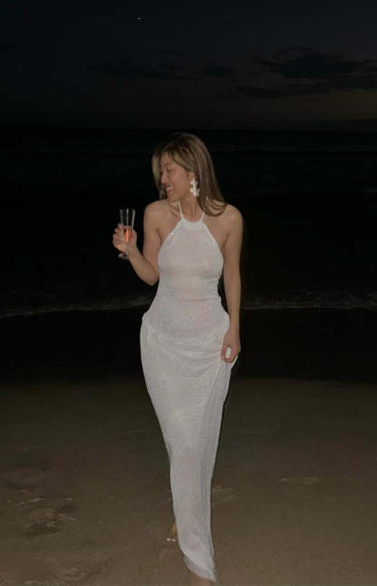 Andraya White Sequin Knit Maxi Dress-Vavasi.All Rights Reserved.