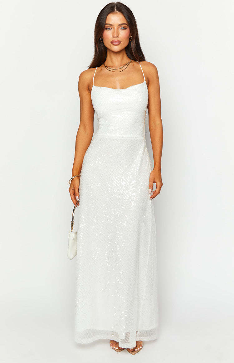 Zari White Sequin Maxi Dress-Vavasi.All Rights Reserved.