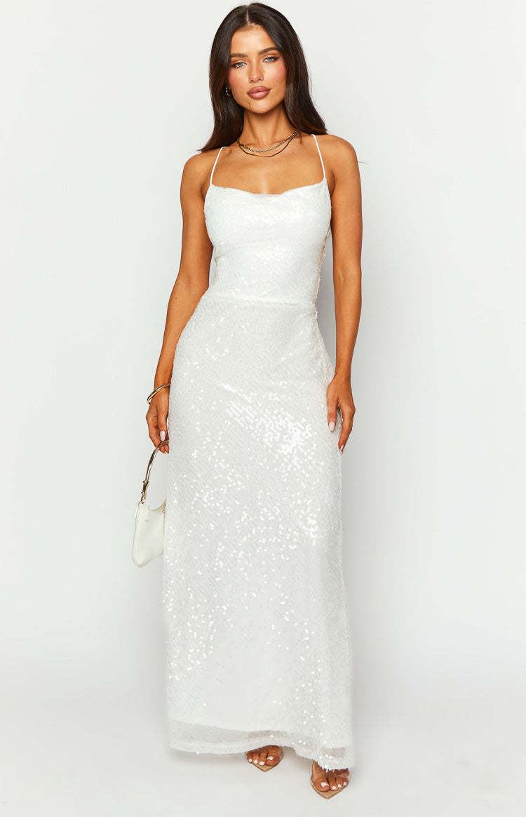 Zari White Sequin Maxi Dress-Vavasi.All Rights Reserved.