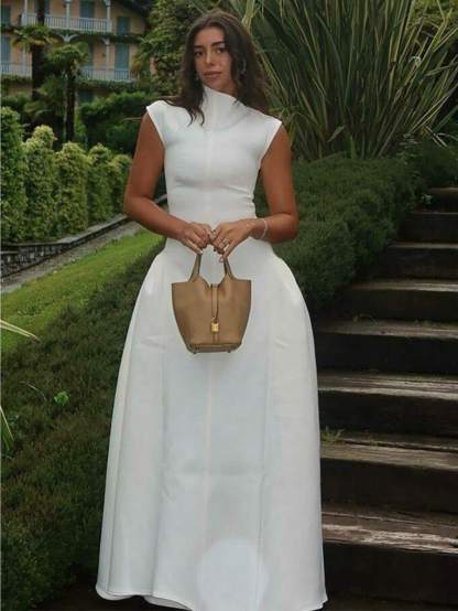 European And American Style Women's Clothing Autumn New Solid Color Sleeveless Fashion Temperament Dress Slim Pleated Long Dress