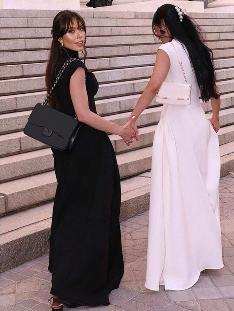 European And American Style Women's Clothing Autumn New Solid Color Sleeveless Fashion Temperament Dress Slim Pleated Long Dress