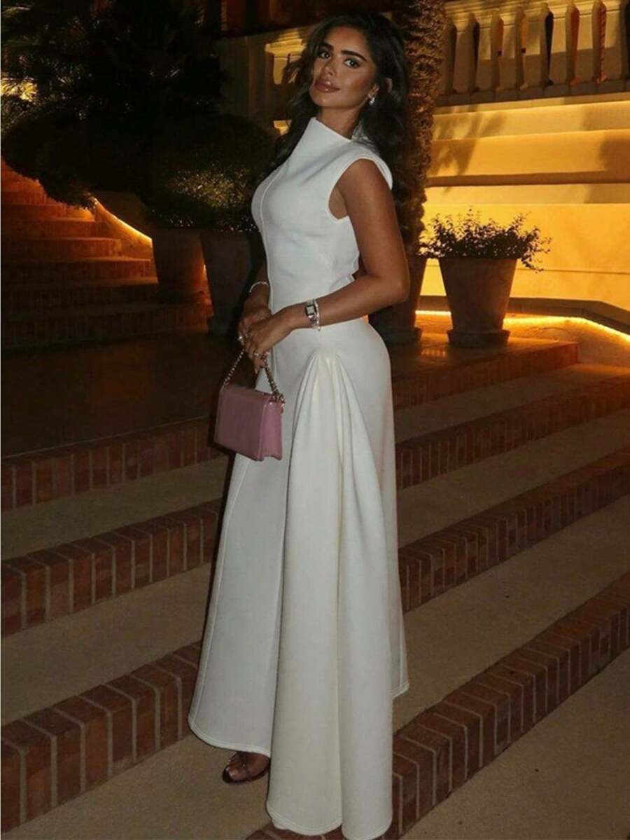 European And American Style Women's Clothing Autumn New Solid Color Sleeveless Fashion Temperament Dress Slim Pleated Long Dress