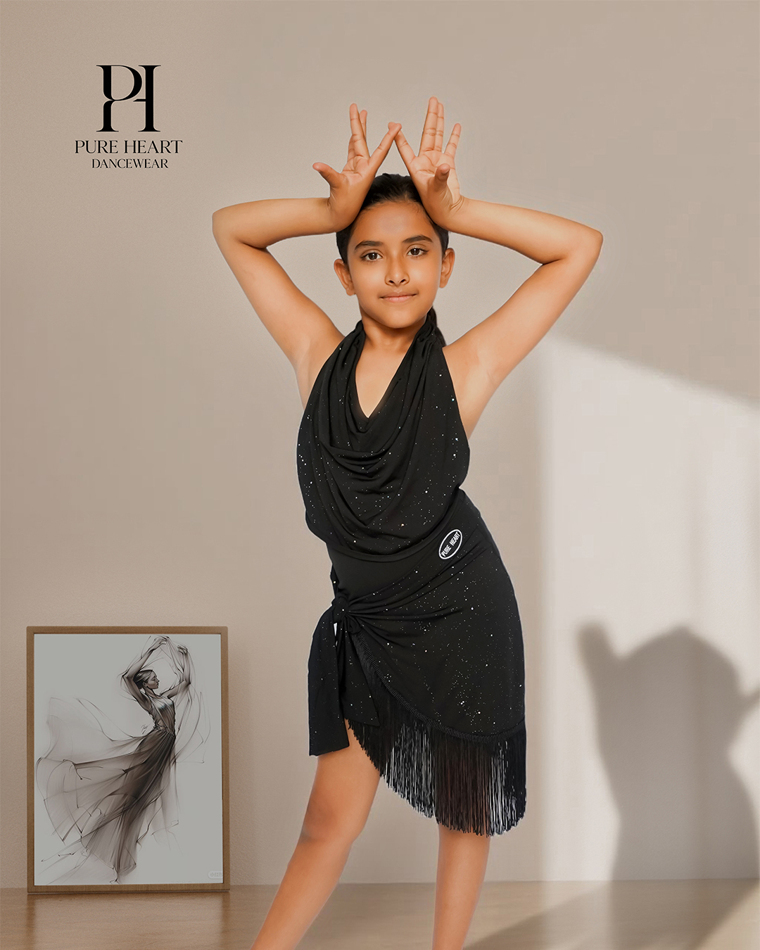 2-Piece Shimmer Drape Latin Dance Practice Set – Girls’ Glitter Halter Leotard & Fringe Skirt