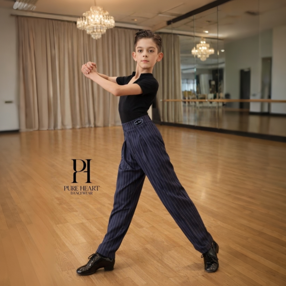 Boys Navy With White Stripes Dance Practice Trousers With Elastic Waist & Tapered Fit