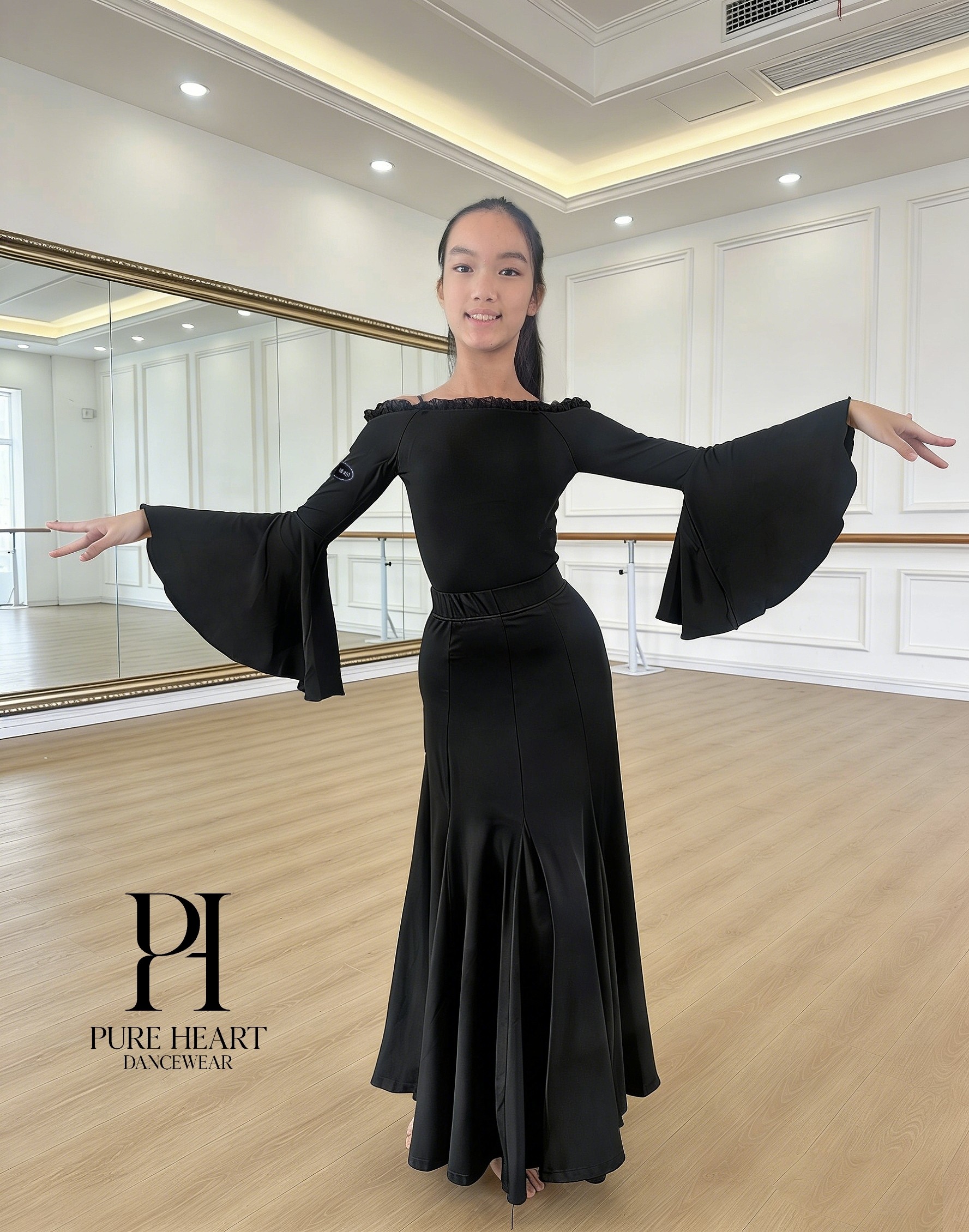 Women Ballroom and American Smooth Leotard Top with Flared Sleeves