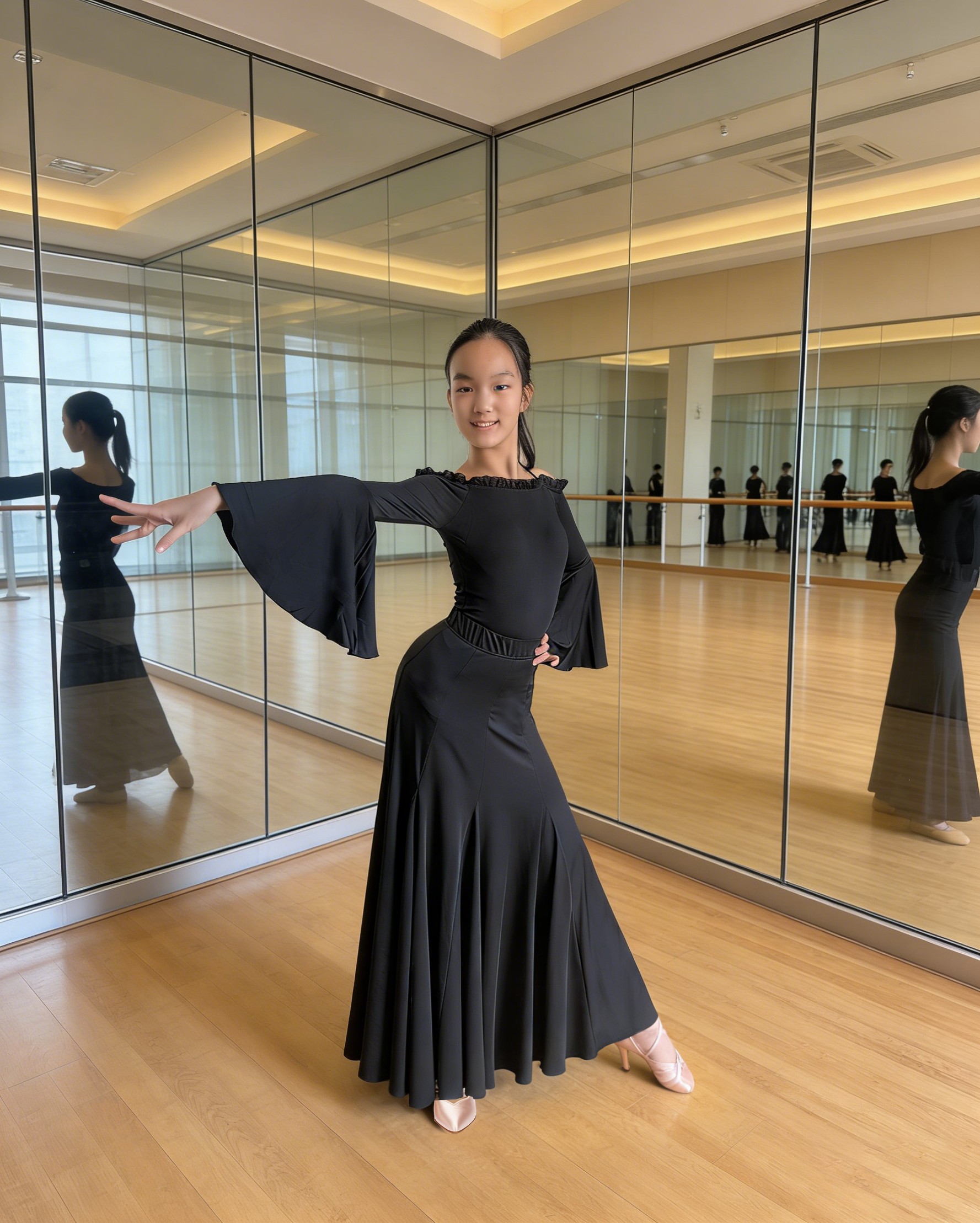 Women Ballroom and American Smooth Leotard Top with Flared Sleeves