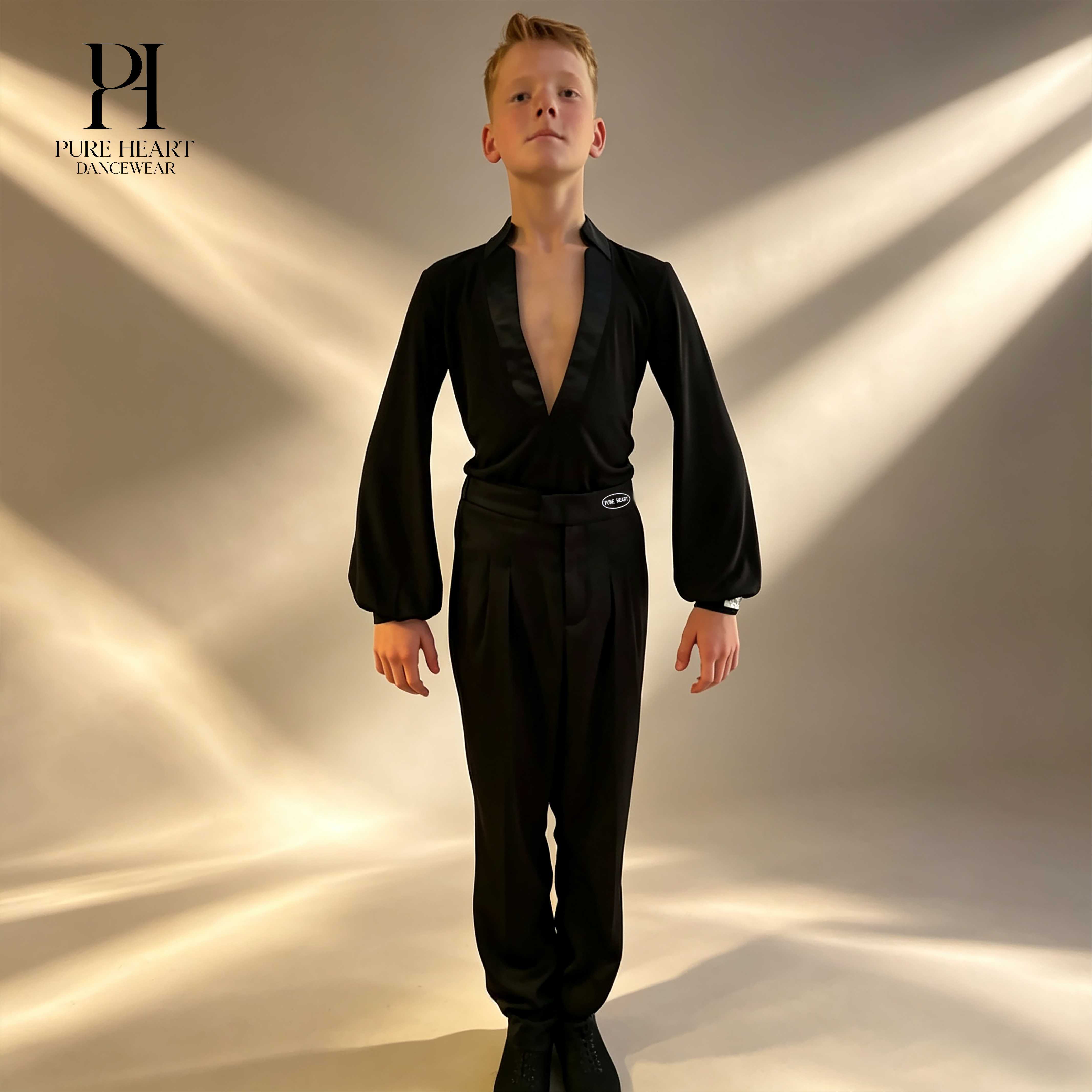 Boys Low-V Satin Collar and Puffy Sleeves Latin Practice Top