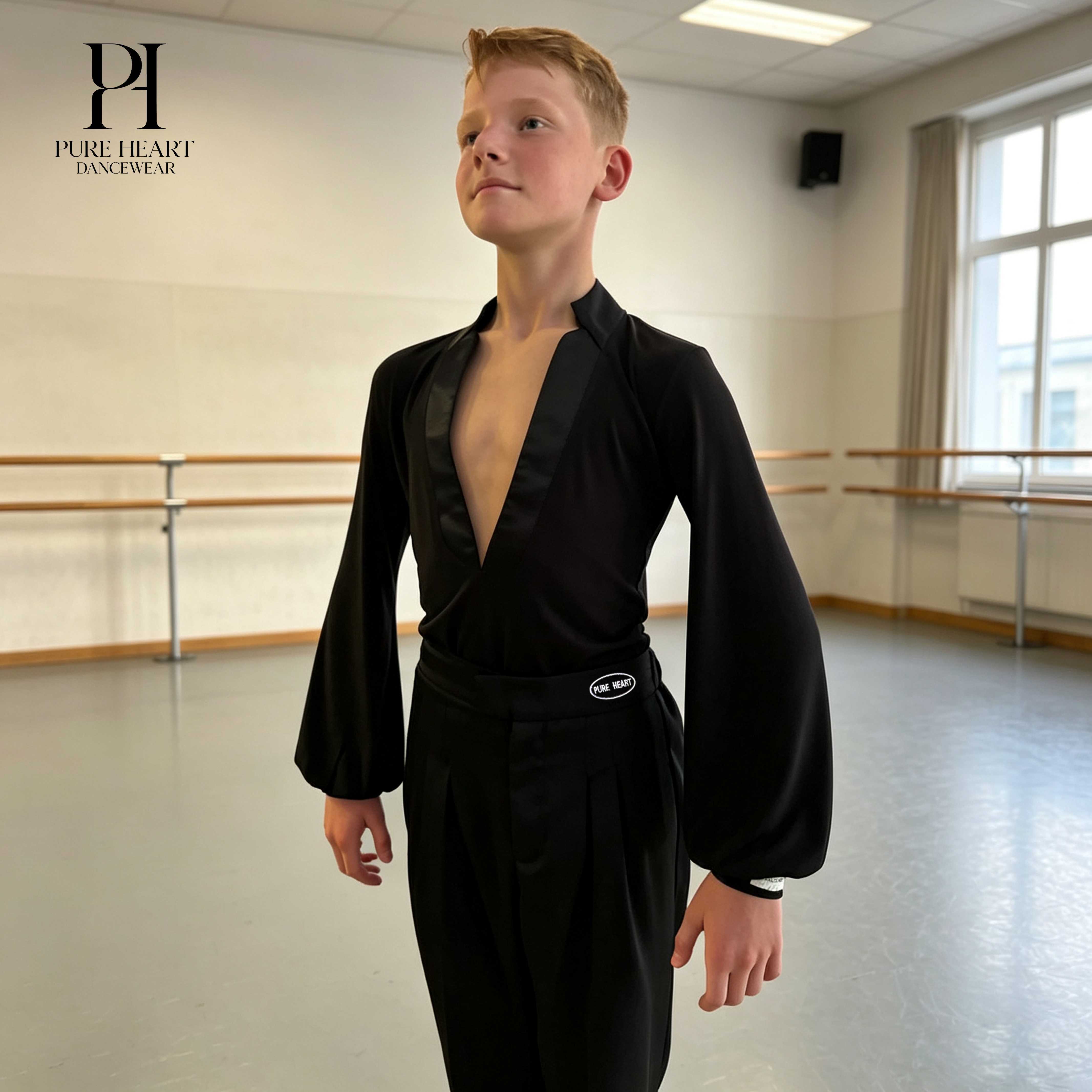 Boys Low-V Satin Collar and Puffy Sleeves Latin Practice Top