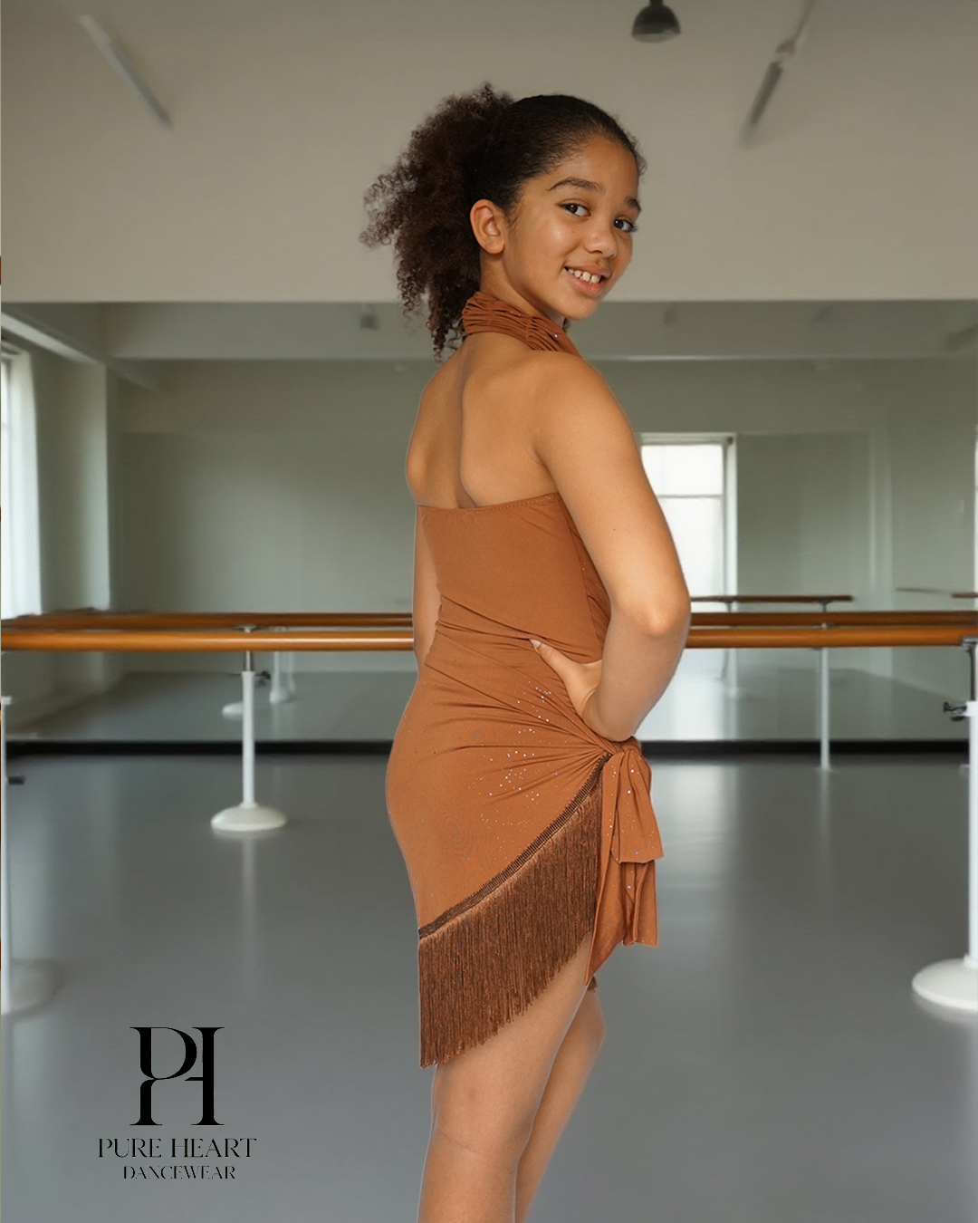 2-Piece Shimmer Drape Latin Dance Practice Set – Girls’ Glitter Halter Leotard & Fringe Skirt