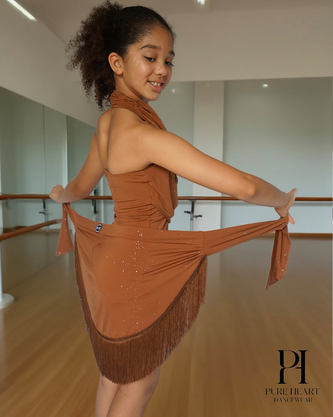 2-Piece Shimmer Drape Latin Dance Practice Set – Girls’ Glitter Halter Leotard & Fringe Skirt