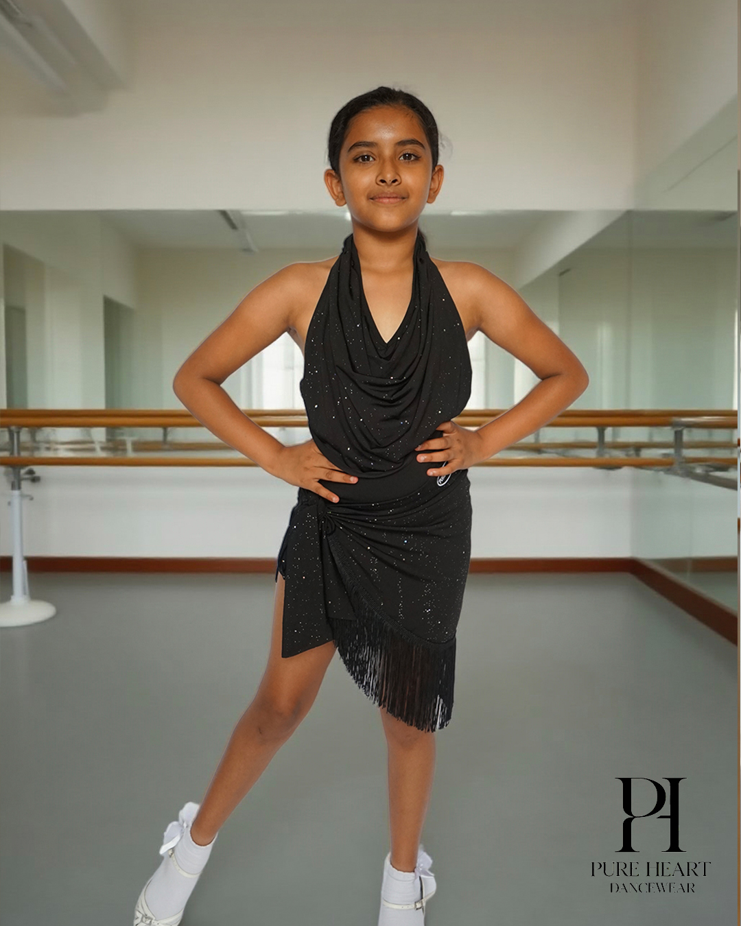 2-Piece Shimmer Drape Latin Dance Practice Set – Girls’ Glitter Halter Leotard & Fringe Skirt