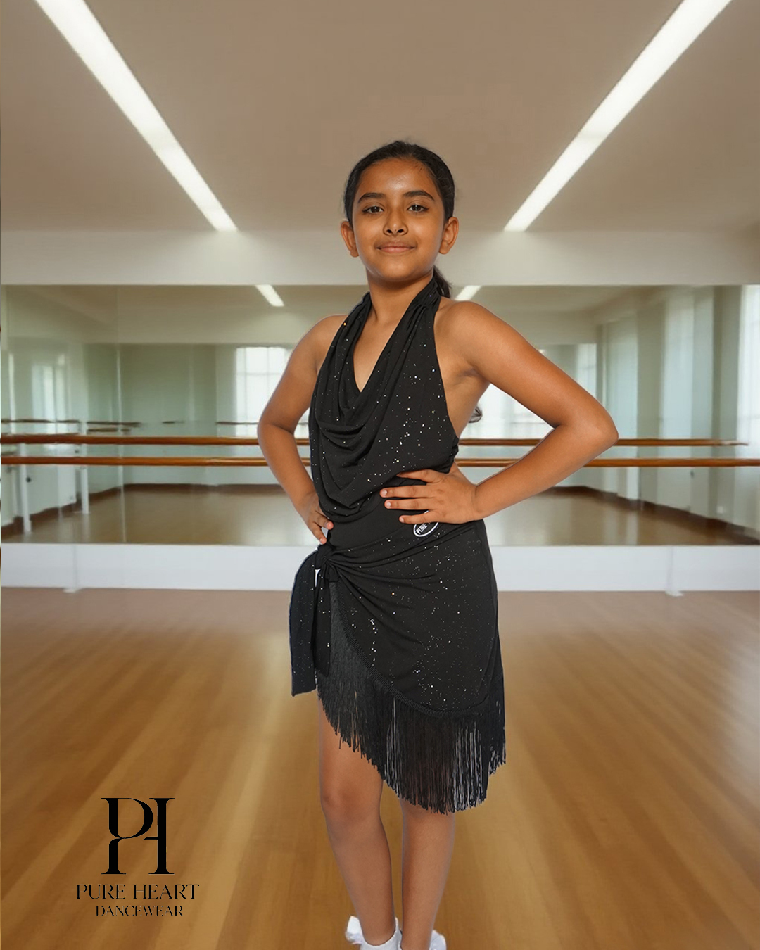 2-Piece Shimmer Drape Latin Dance Practice Set – Girls’ Glitter Halter Leotard & Fringe Skirt