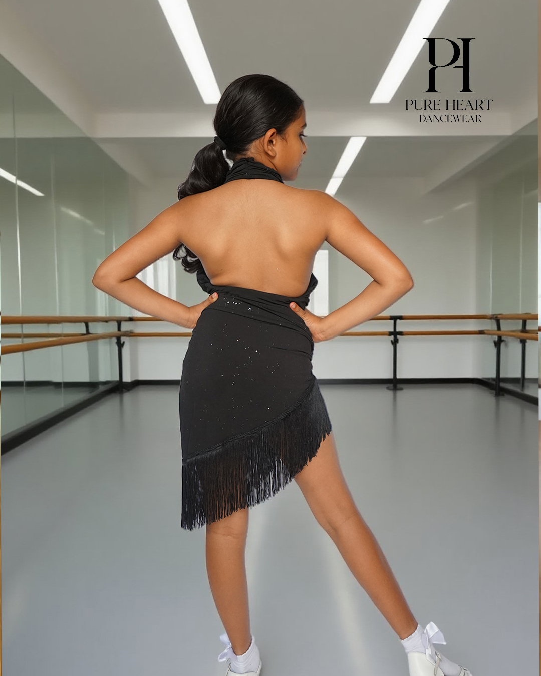 2-Piece Shimmer Drape Latin Dance Practice Set – Girls’ Glitter Halter Leotard & Fringe Skirt