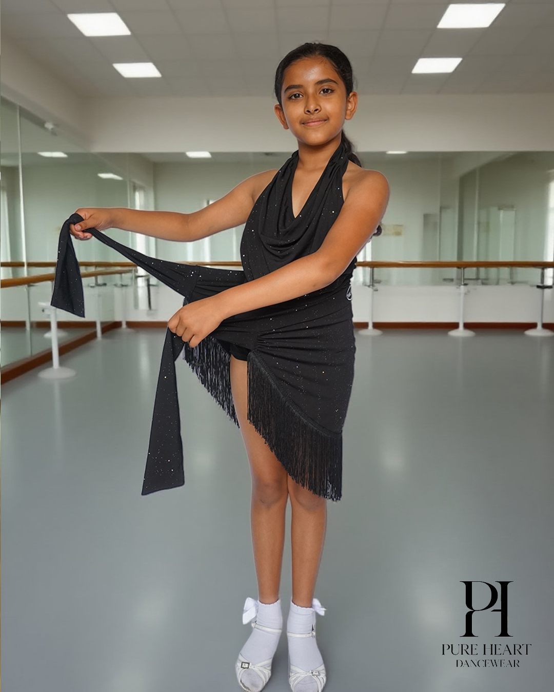 2-Piece Shimmer Drape Latin Dance Practice Set – Girls’ Glitter Halter Leotard & Fringe Skirt