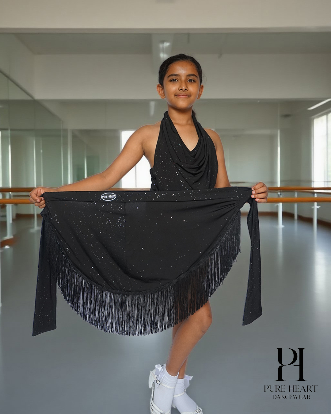 2-Piece Shimmer Drape Latin Dance Practice Set – Girls’ Glitter Halter Leotard & Fringe Skirt