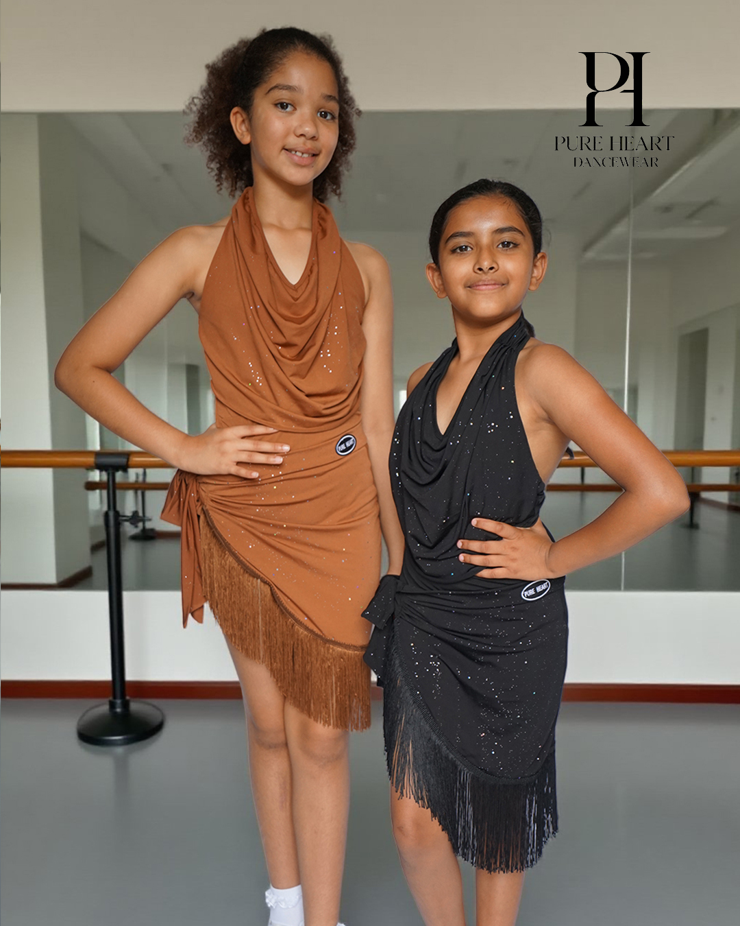 2-Piece Shimmer Drape Latin Dance Practice Set – Girls’ Glitter Halter Leotard & Fringe Skirt