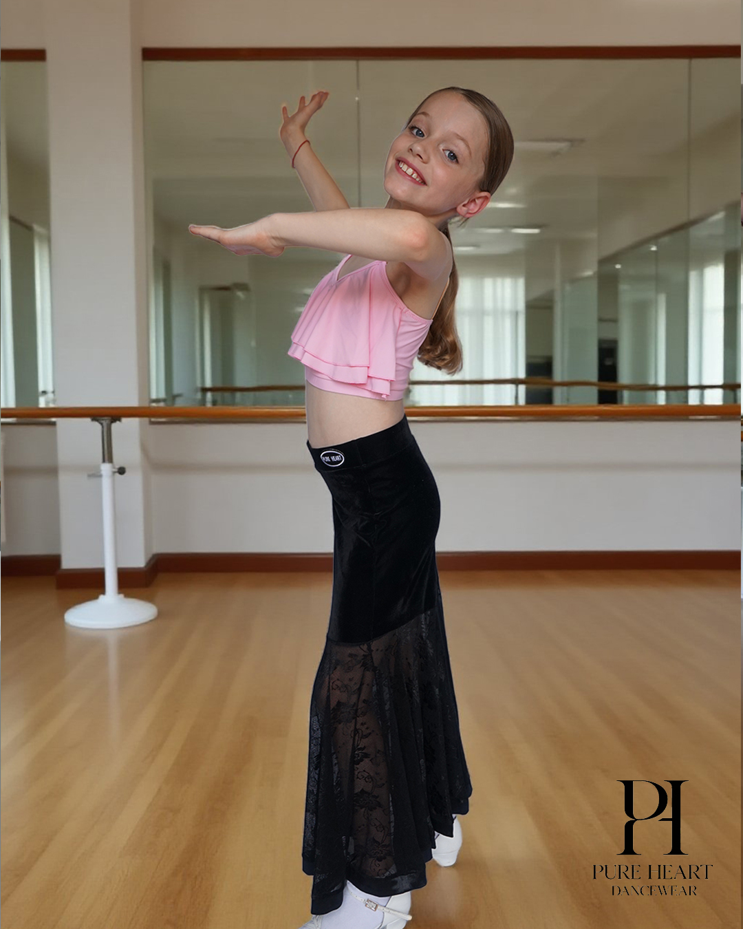 Girls' Ballroom Dance Practice Skirt Velvet Lace Panel 