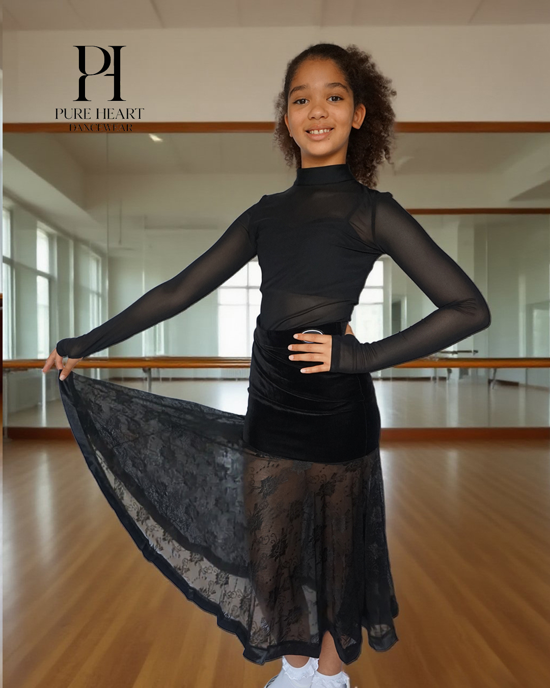 Girls' Ballroom Dance Practice Skirt Velvet Lace Panel 