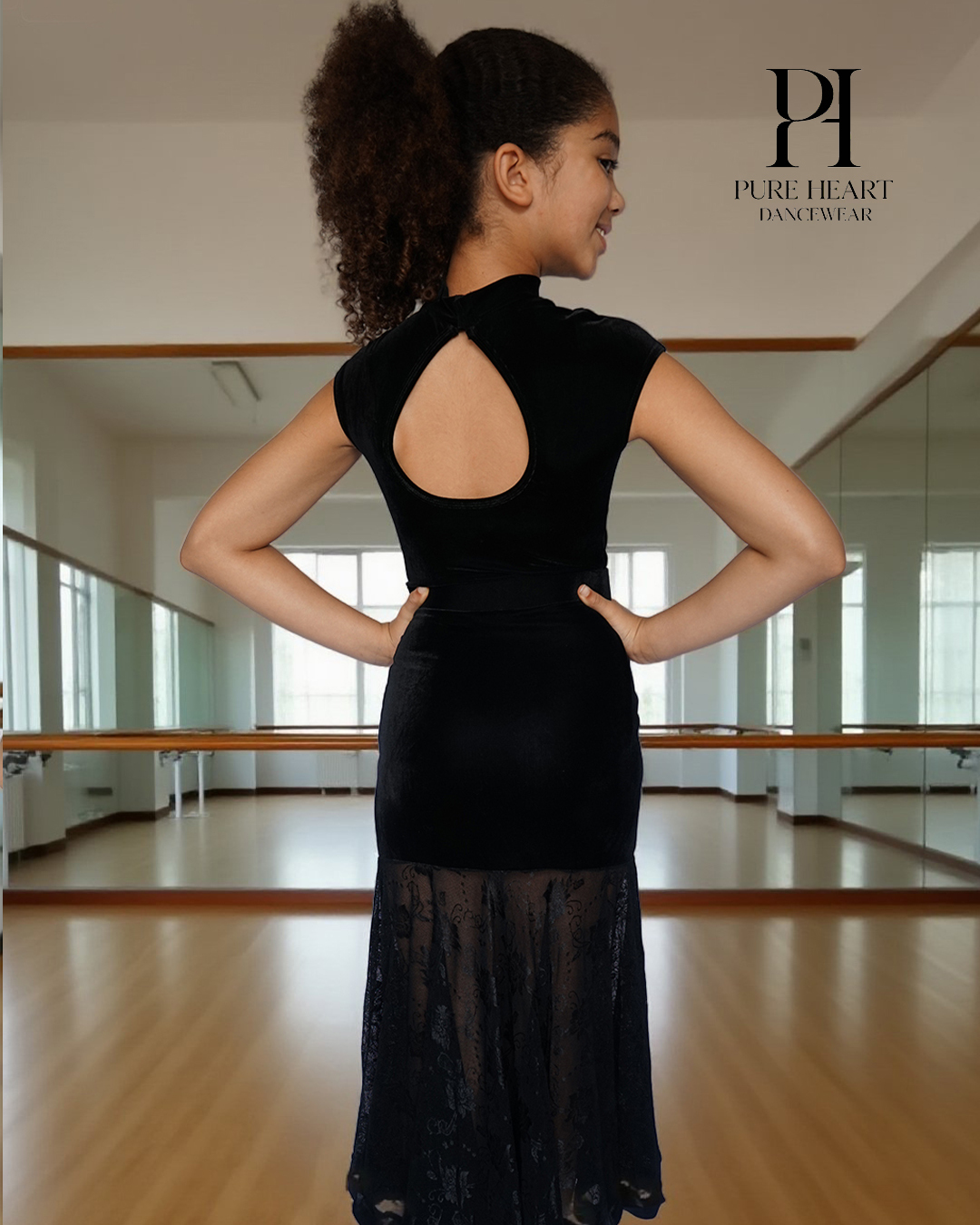 Velvet Open-Back Leotard & Lace-Panel Skirt Ballroom Set