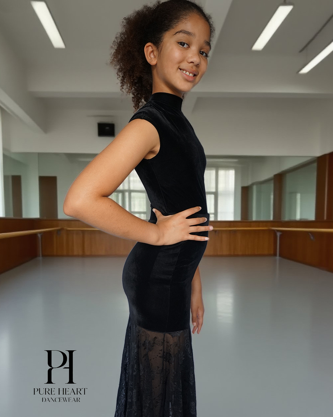 Velvet Open-Back Leotard & Lace-Panel Skirt Ballroom Set