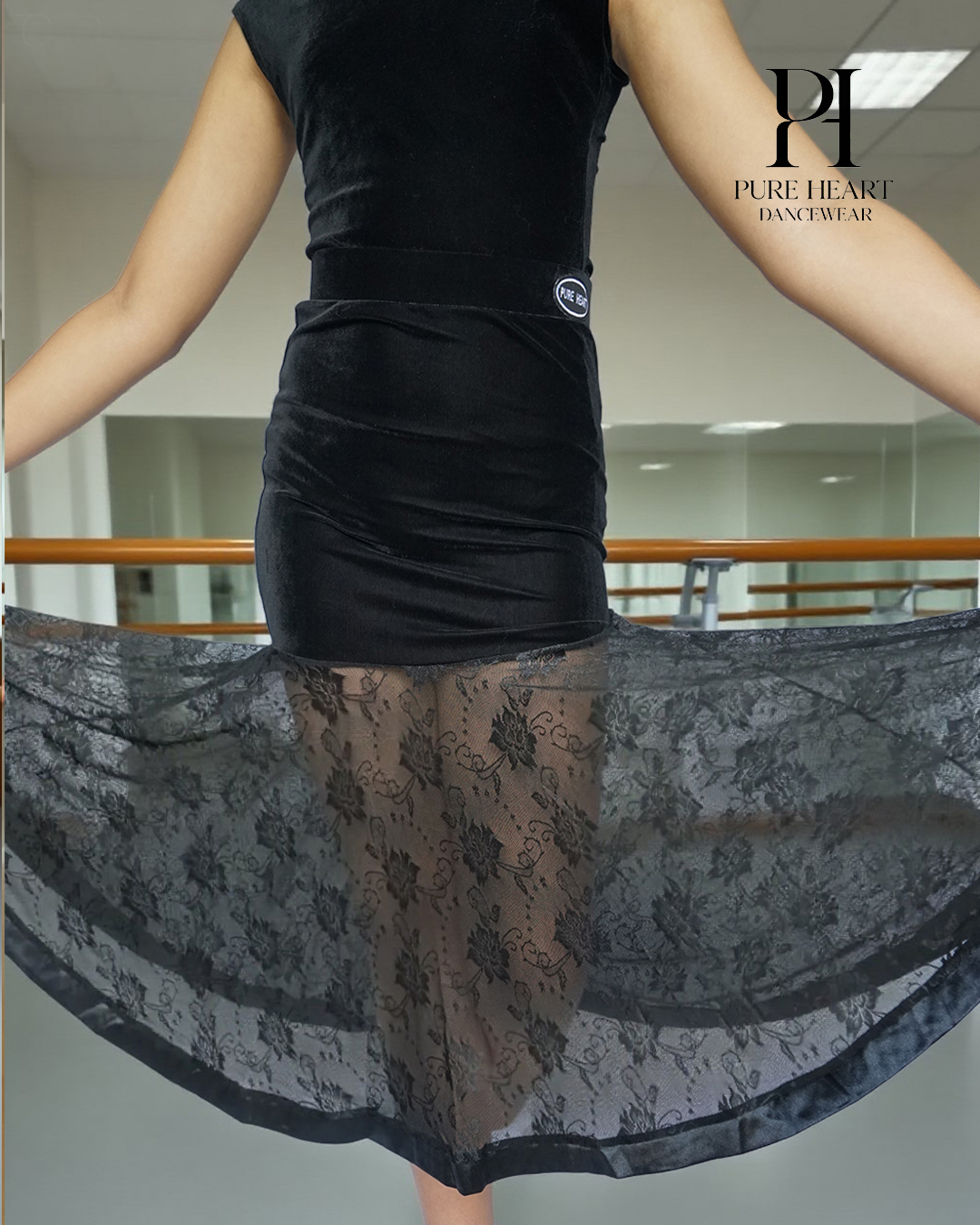 Velvet Open-Back Leotard & Lace-Panel Skirt Ballroom Set