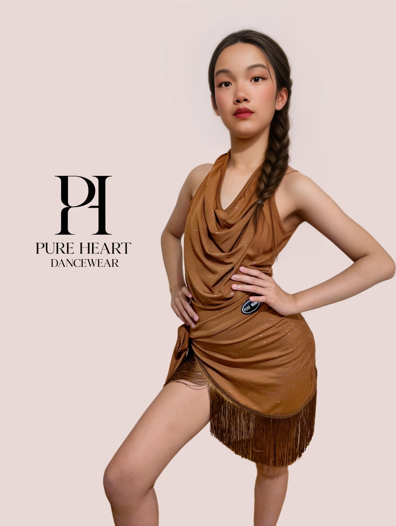 2-Piece Shimmer Drape Latin Dance Practice Set – Girls’ Glitter Halter Leotard & Fringe Skirt