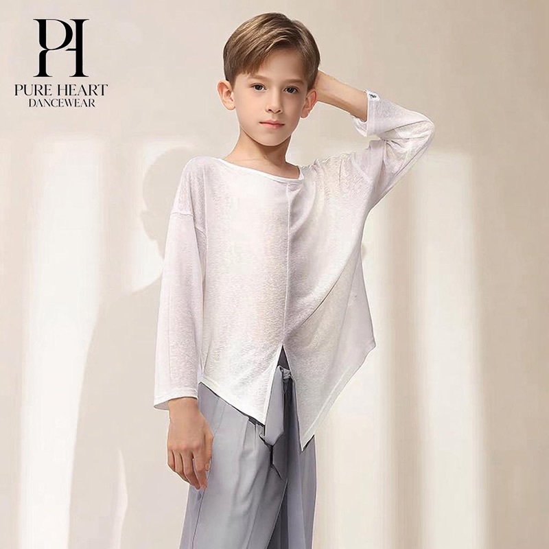 Boys dance practice loose fit top white with long sleeves