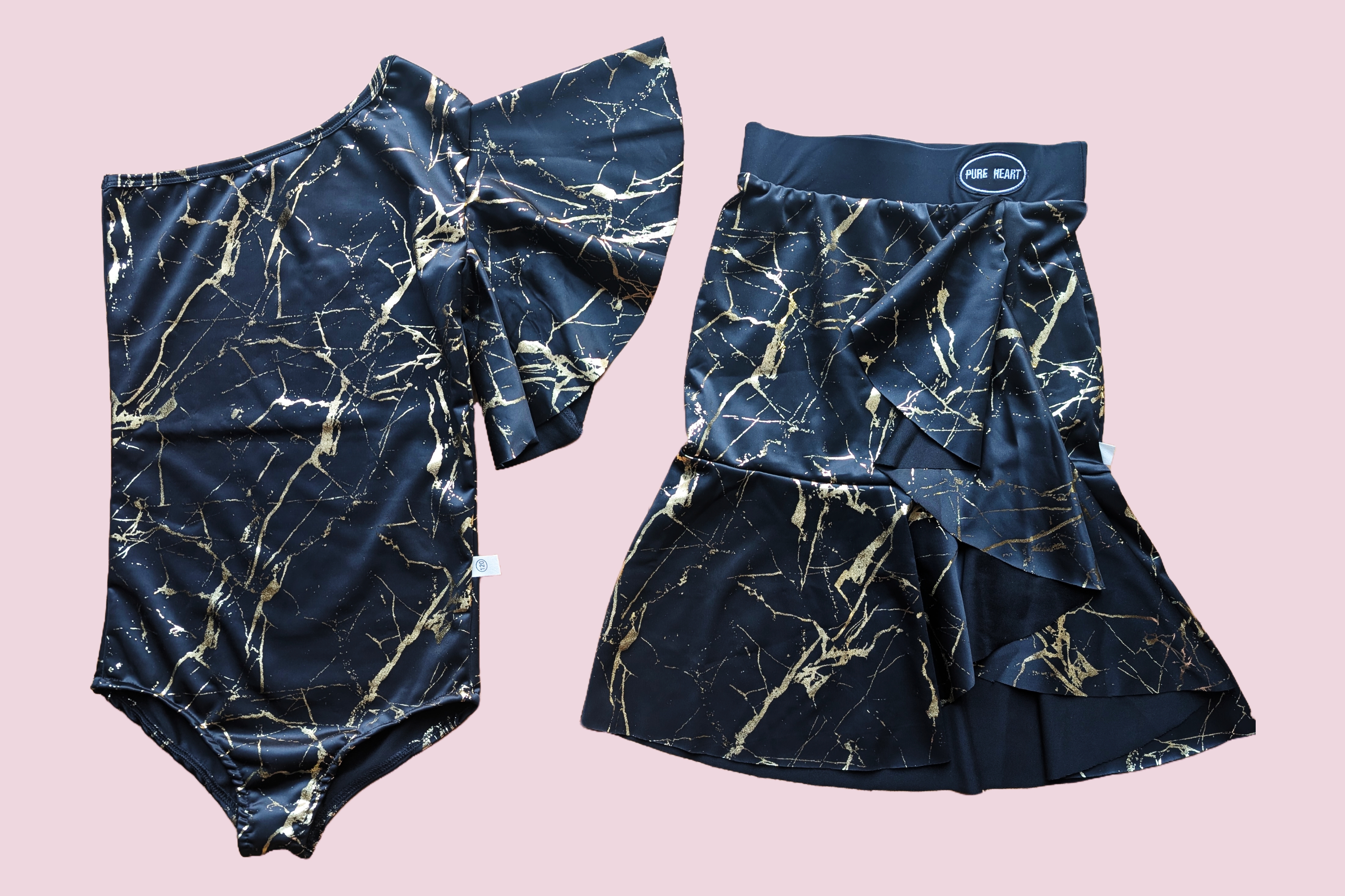 Black and Golden Marble Print Leotard and Skirt Dance Practice Set (with shoulder strap)