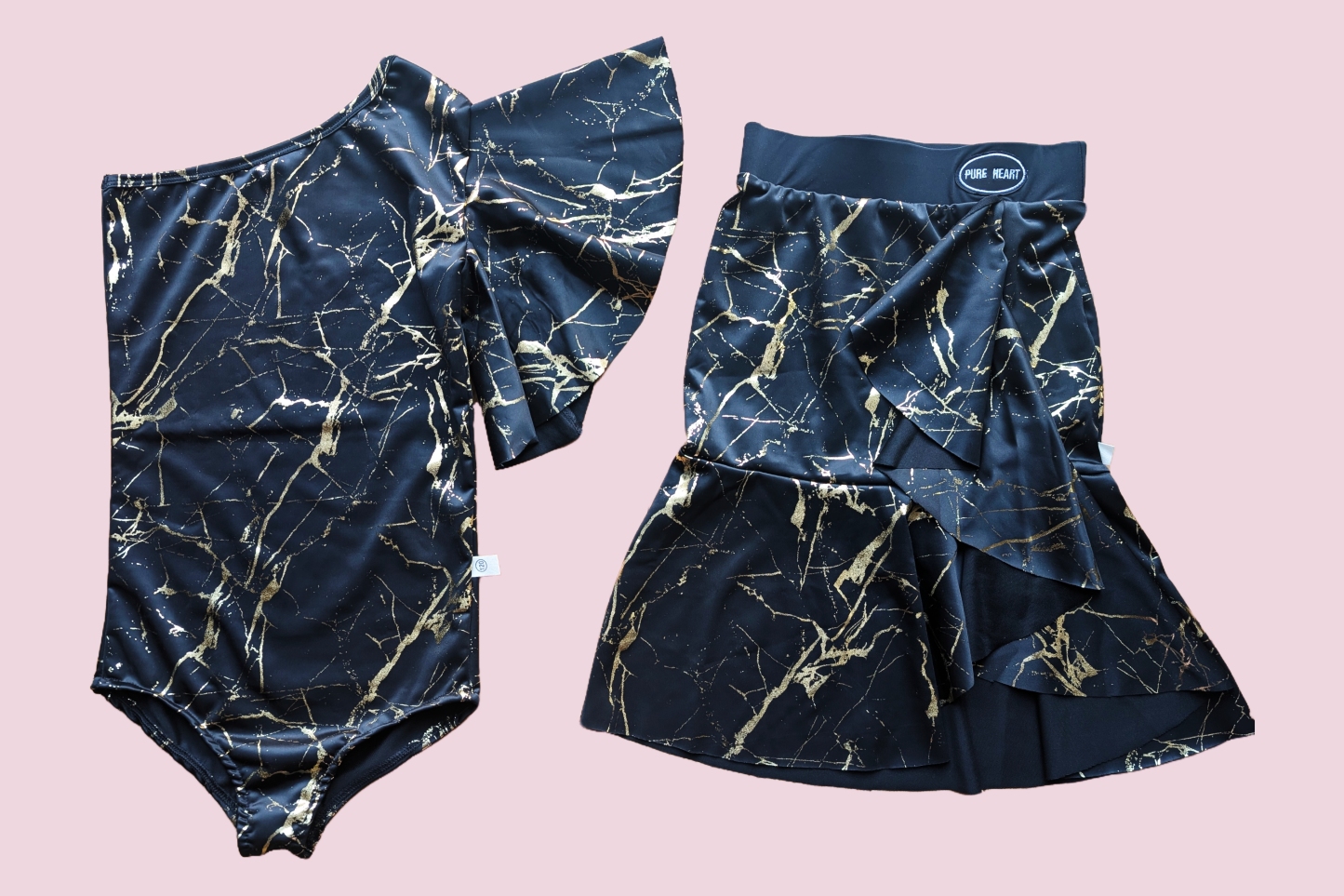 Black and Golden Marble Print Leotard and Skirt Dance Practice Set (with shoulder strap)